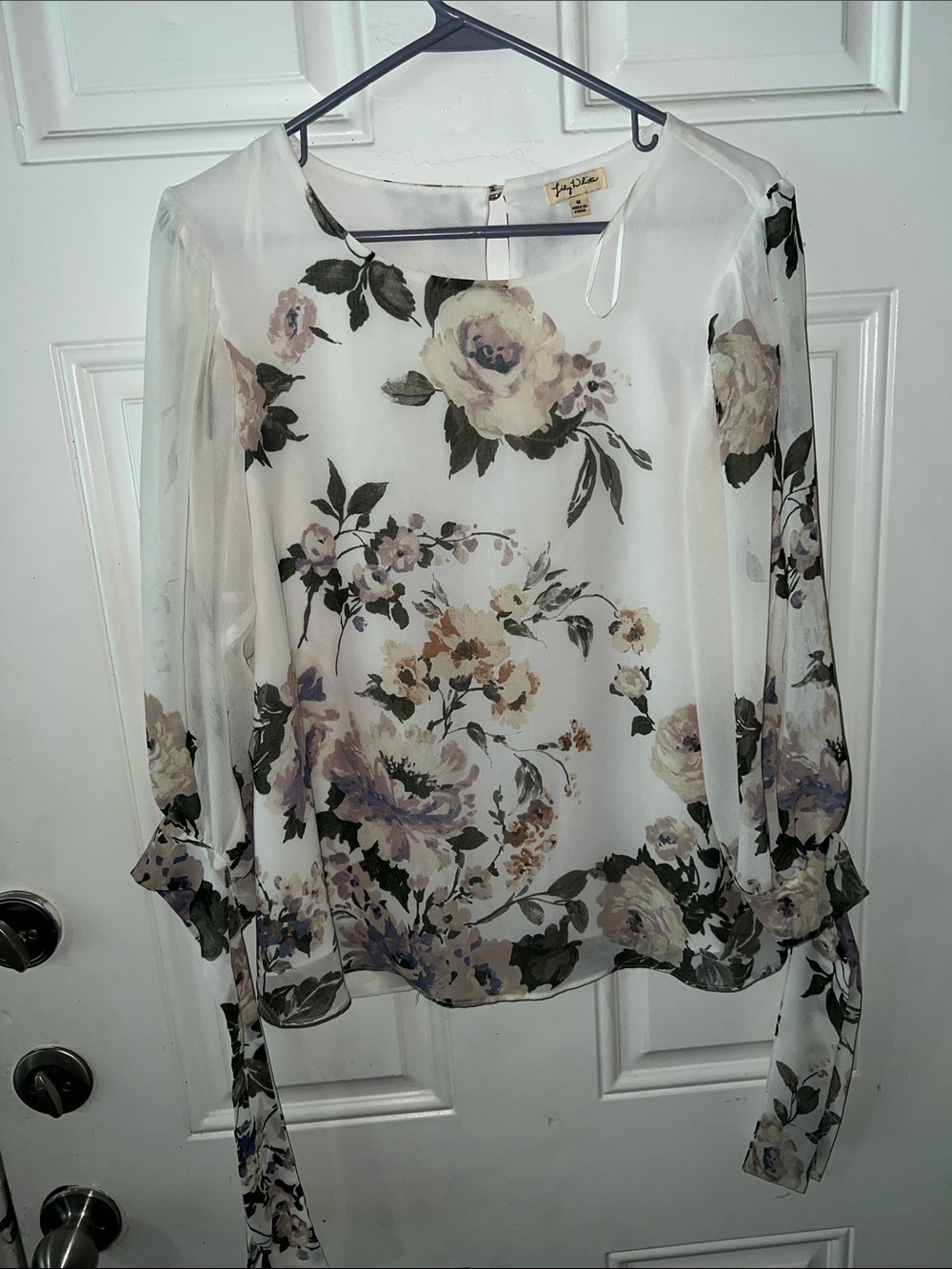 Lily White Floral Sheer Tie-Waist Blouse in White, Green and Purple